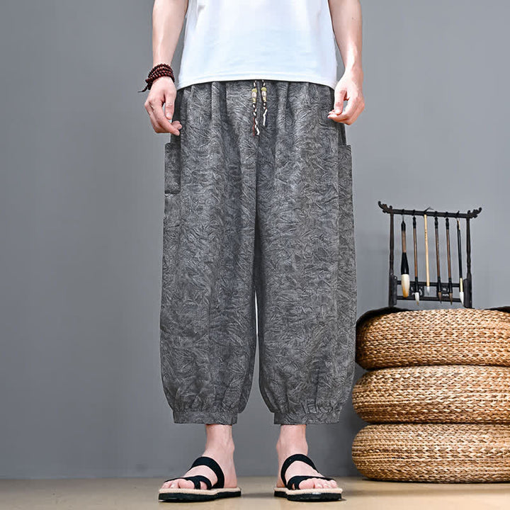 Buddha Stones Pantaloni capri da uomo stile boho casual primavera estate con coulisse e stampa astratta, pantaloni harem con tasca - Grigio chiaro - US/UK/AU48, EU58 (5XL) - image 7