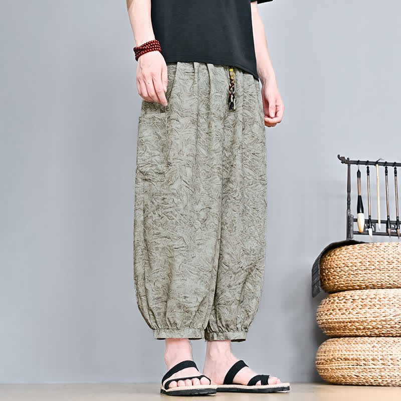 Buddha Stones Pantaloni capri da uomo stile boho casual primavera estate con coulisse e stampa astratta, pantaloni harem con tasca - image 3
