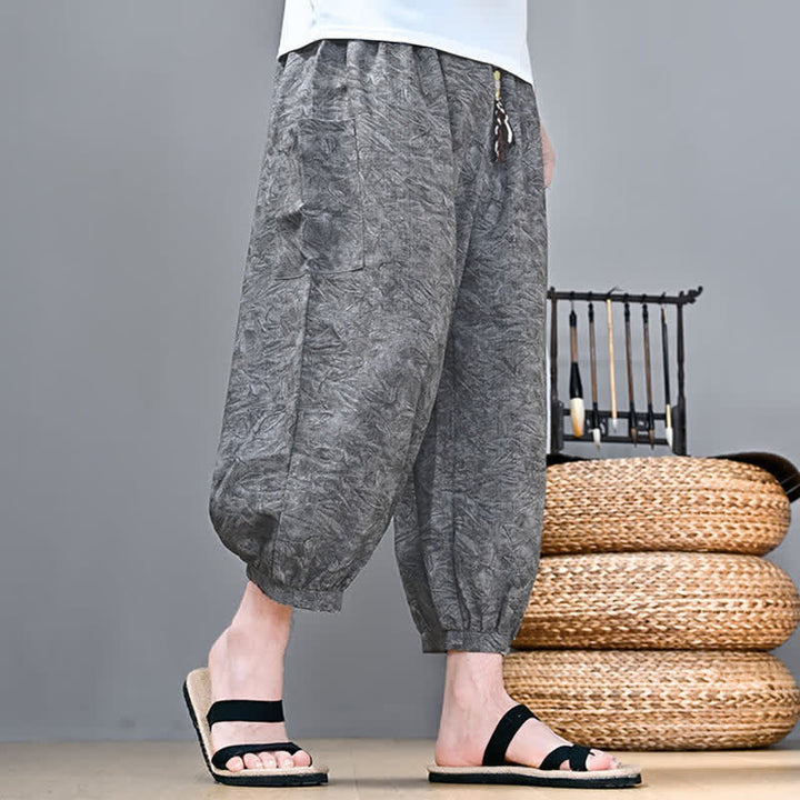 Buddha Stones Pantaloni capri da uomo stile boho casual primavera estate con coulisse e stampa astratta, pantaloni harem con tasca - image 11