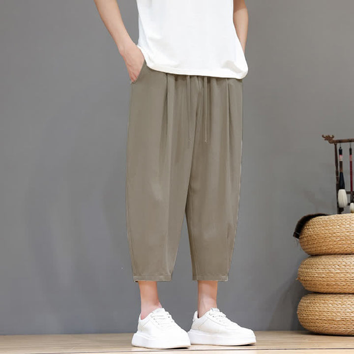 Buddha Stones Pantaloni capri da uomo a tinta unita con coulisse, ideali per primavera/estate, modello harem con tasca. - image 19