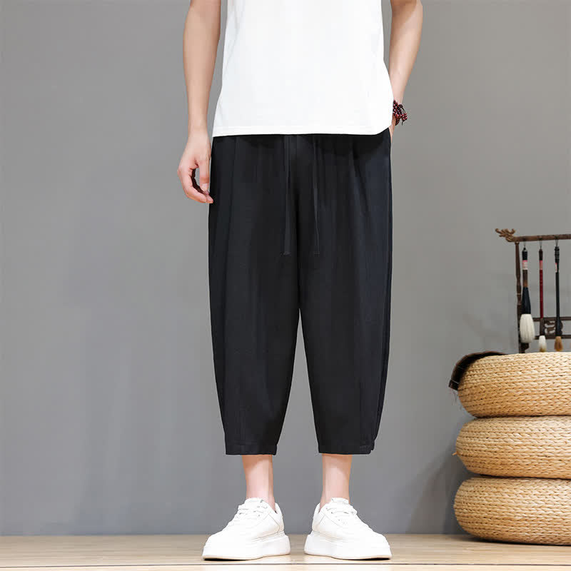 Buddha Stones Pantaloni capri da uomo a tinta unita con coulisse, ideali per primavera/estate, modello harem con tasca. - Nero - US/UK/AU46, EU56 (5XL) - image 26
