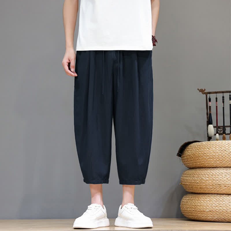 Buddha Stones Pantaloni capri da uomo a tinta unita con coulisse, ideali per primavera/estate, modello harem con tasca. - image 10