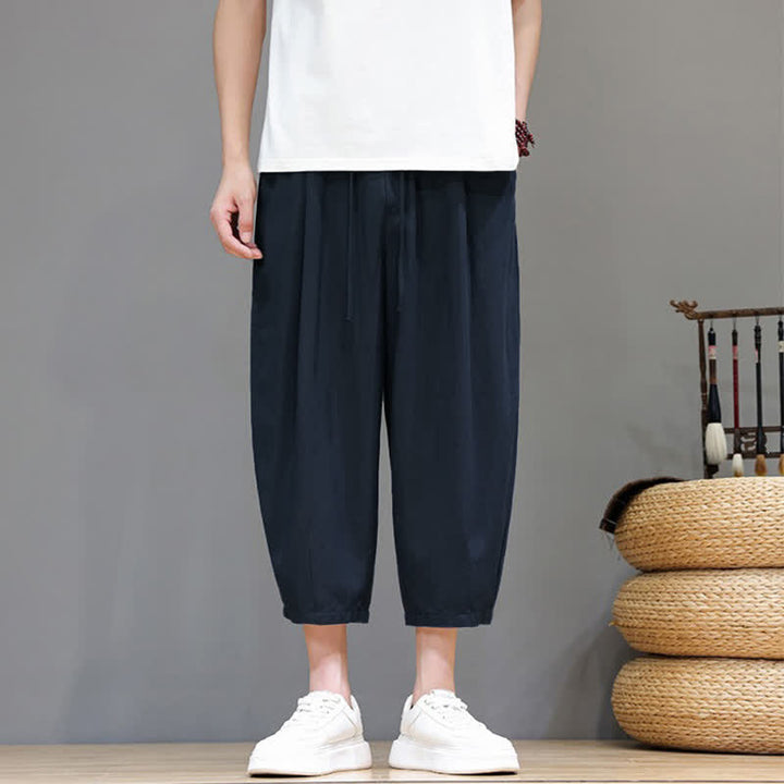 Buddha Stones Pantaloni capri da uomo a tinta unita con coulisse, ideali per primavera/estate, modello harem con tasca. - image 10