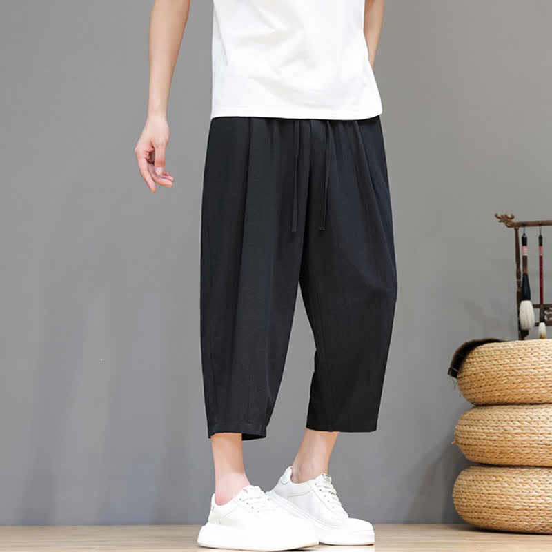 Buddha Stones Pantaloni capri da uomo a tinta unita con coulisse, ideali per primavera/estate, modello harem con tasca. - image 28