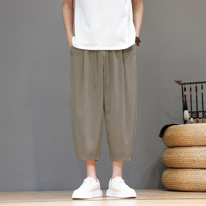 Buddha Stones Pantaloni capri da uomo a tinta unita con coulisse, ideali per primavera/estate, modello harem con tasca. - Tan - US/UK/AU46, EU56 (5XL) - image 18