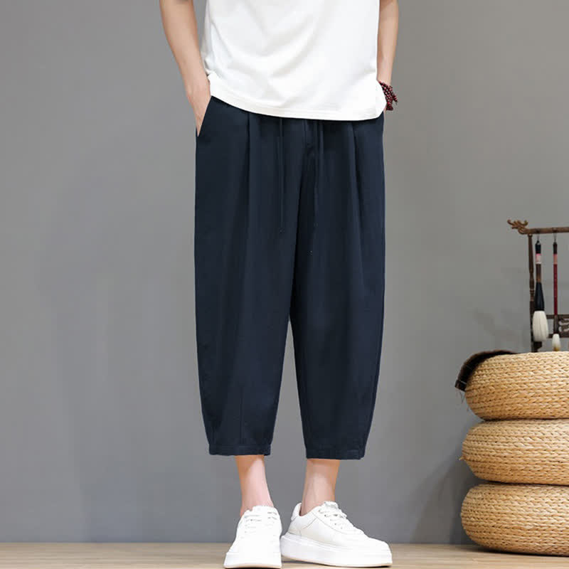 Buddha Stones Pantaloni capri da uomo a tinta unita con coulisse, ideali per primavera/estate, modello harem con tasca. - image 12