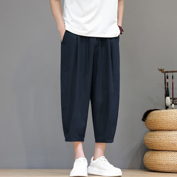 Buddha Stones Pantaloni capri da uomo a tinta unita con coulisse, ideali per primavera/estate, modello harem con tasca. - image 12