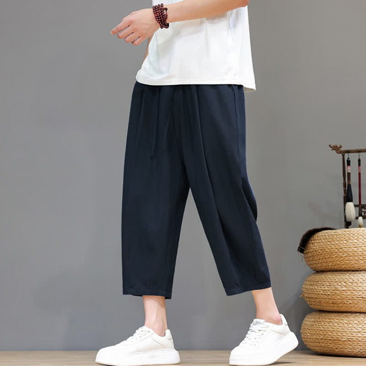 Buddha Stones Pantaloni capri da uomo a tinta unita con coulisse, ideali per primavera/estate, modello harem con tasca. - image 11