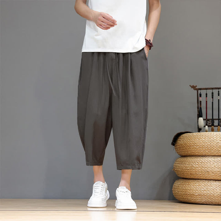 Buddha Stones Pantaloni capri da uomo a tinta unita con coulisse, ideali per primavera/estate, modello harem con tasca. - Grigio - US/UK/AU46, EU56 (5XL) - image 0