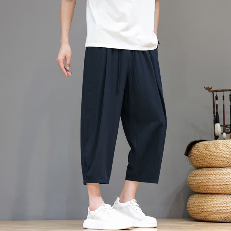 Buddha Stones Pantaloni capri da uomo a tinta unita con coulisse, ideali per primavera/estate, modello harem con tasca. - image 16