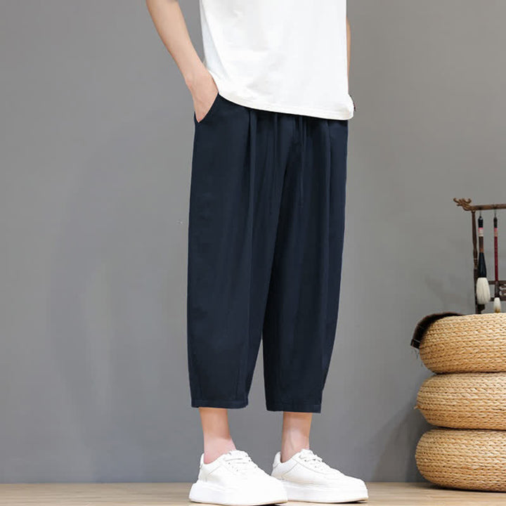 Buddha Stones Pantaloni capri da uomo a tinta unita con coulisse, ideali per primavera/estate, modello harem con tasca. - image 14