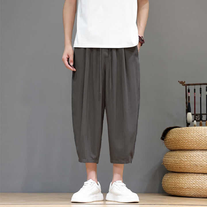 Buddha Stones Pantaloni capri da uomo a tinta unita con coulisse, ideali per primavera/estate, modello harem con tasca. - image 1