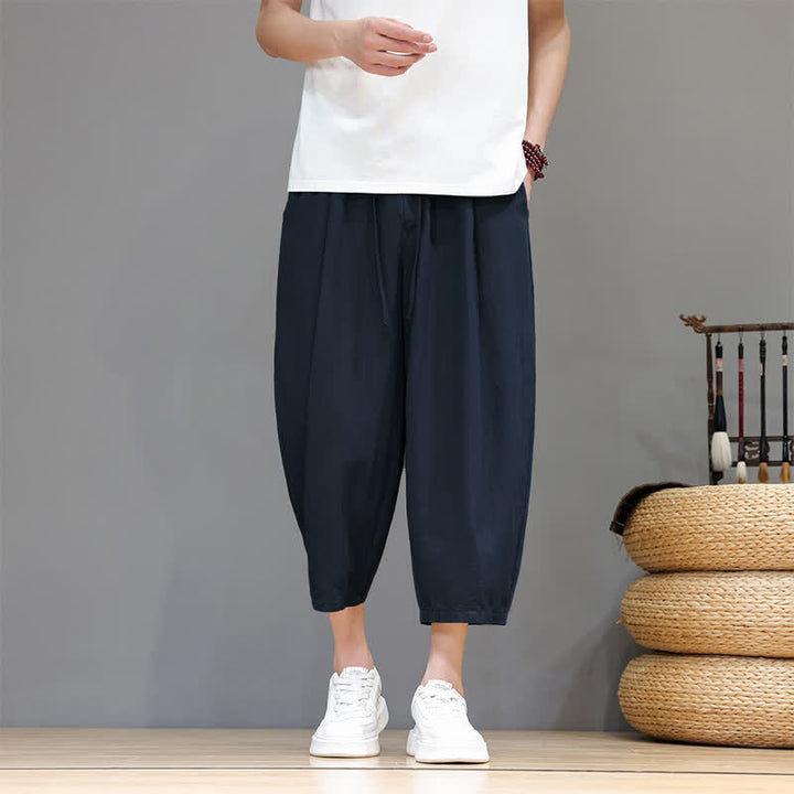 Buddha Stones Pantaloni capri da uomo a tinta unita con coulisse, ideali per primavera/estate, modello harem con tasca. - Marina - US/UK/AU46, EU56 (5XL) - image 9