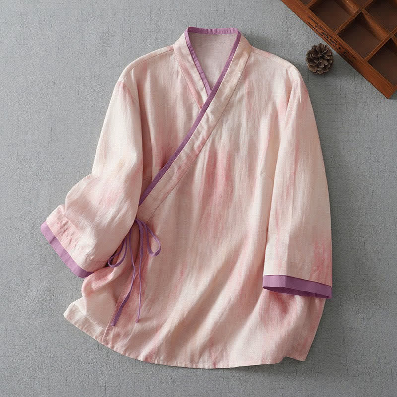 Buddha Stones Camicie da donna a maniche a tre quarti, stile retrò Tang, con coulisse, rosa chiaro tie-dye, primavera/autunno. - Rosa Nebbiosa - US8-10, UK/AU12-14, EU40-42 (2XL) - image 0