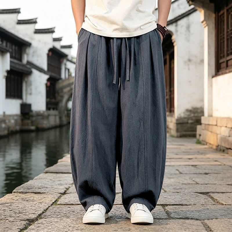 Buddha Stones Pantaloni da uomo a gamba dritta con coulisse, stile retrò, per primavera/estate, modello semplice, con tasca. - Grigio tenue - US/UK/AU46, EU56 (5XL) - image 0