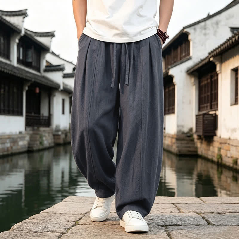 Buddha Stones Pantaloni da uomo a gamba dritta con coulisse, stile retrò, per primavera/estate, modello semplice, con tasca. - image 1