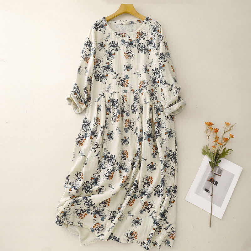 Buddha Stones Abito da donna a maniche lunghe, stile boho, con coulisse, scollo rotondo e stampa floreale, ideale per primavera e autunno, con tasche. - Beige - US14, UK/AU18, EU46 (2XL) - image 0