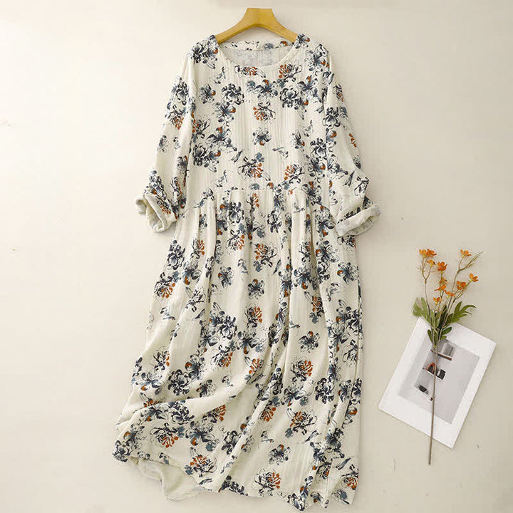 Buddha Stones Abito da donna a maniche lunghe, stile boho, con coulisse, scollo rotondo e stampa floreale, ideale per primavera e autunno, con tasche. - Beige - US14, UK/AU18, EU46 (2XL) - image 0