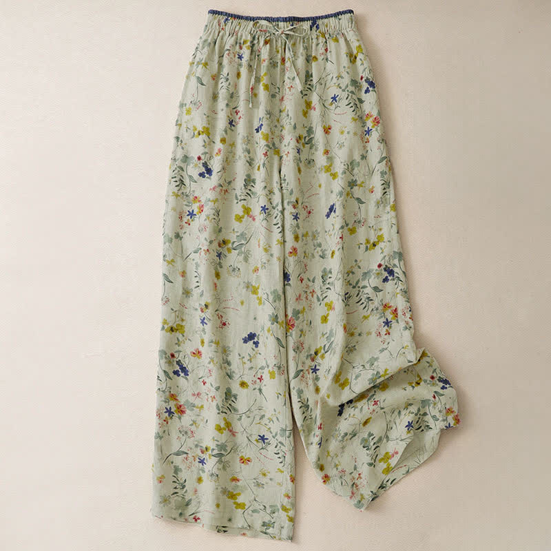 Buddha Stones Pantaloni lunghi da donna a gamba larga con coulisse, stile boho, casual, primavera/estate, con stampa floreale e tasche. - Beige - US12, UK/AU16, EU44 (2XL) - image 0