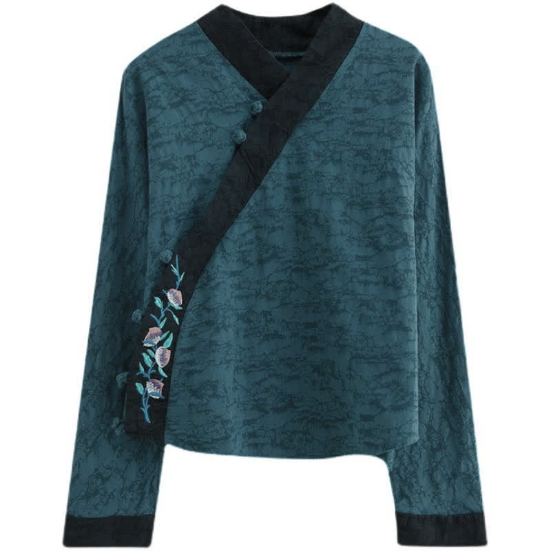 Buddha Stones Camicie da donna a maniche lunghe eleganti, stile Tang, con ricami floreali, perfette per la primavera e l'autunno. - image 4