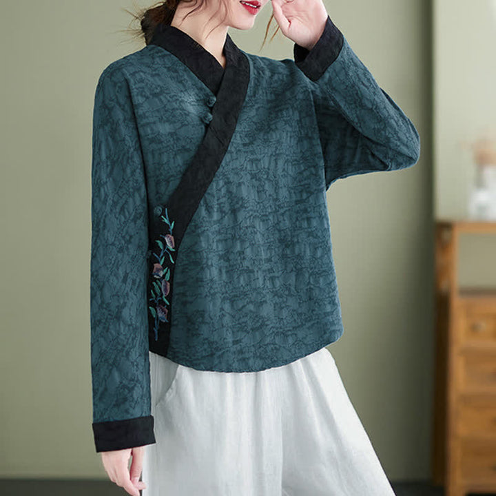 Buddha Stones Camicie da donna a maniche lunghe eleganti, stile Tang, con ricami floreali, perfette per la primavera e l'autunno. - Verde acqua - US8-10, UK/AU12-14, EU40-42 (2XL) - image 0