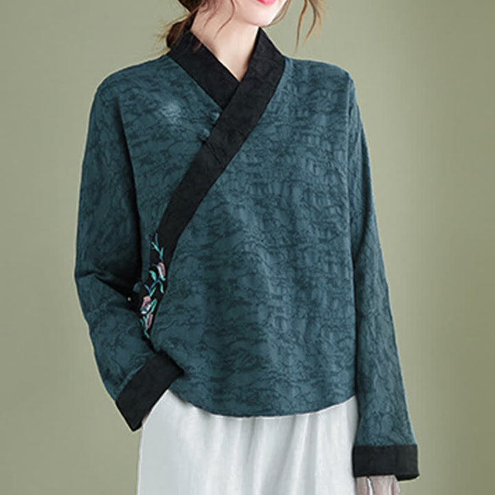 Buddha Stones Camicie da donna a maniche lunghe eleganti, stile Tang, con ricami floreali, perfette per la primavera e l'autunno. - image 1