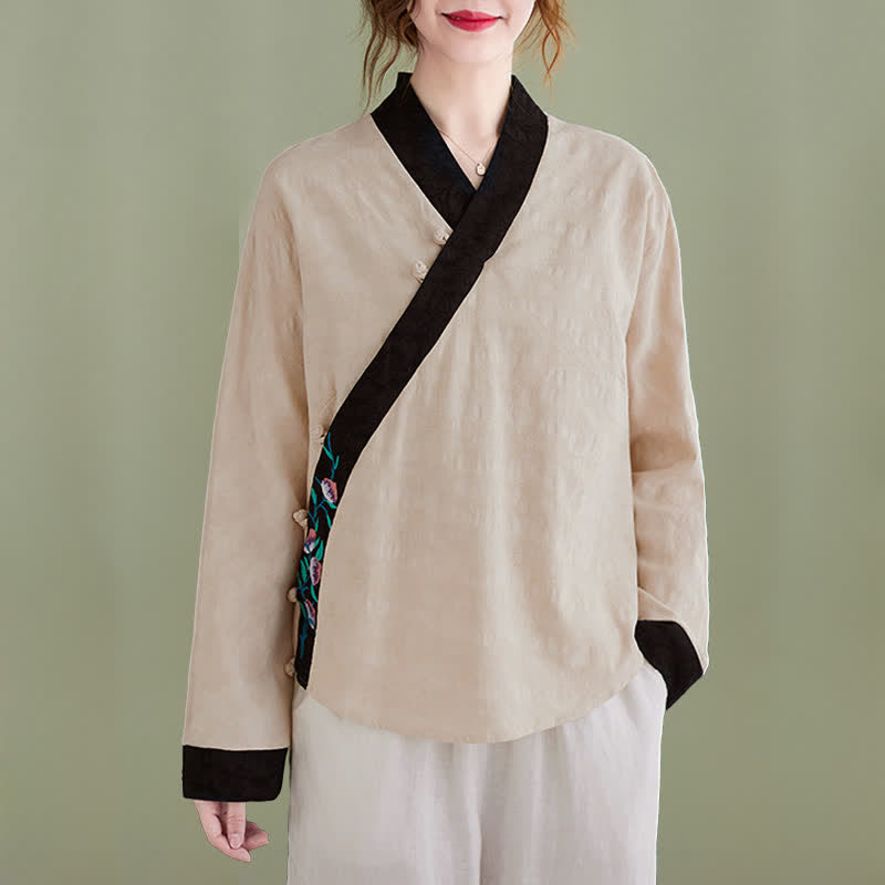Buddha Stones Camicie da donna a maniche lunghe eleganti, stile Tang, con ricami floreali, perfette per la primavera e l'autunno. - Beige - US8-10, UK/AU12-14, EU40-42 (2XL) - image 9