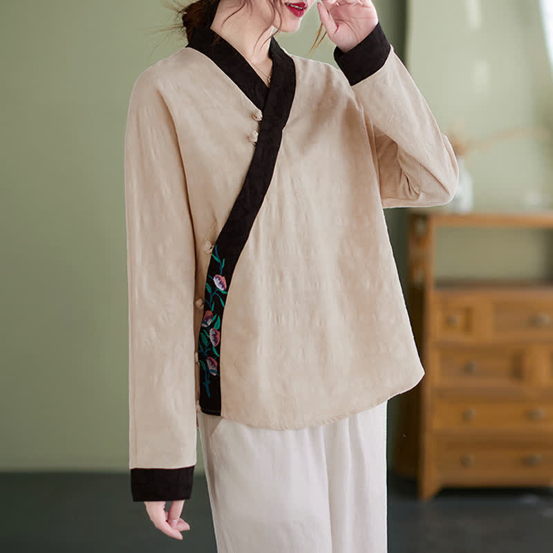 Buddha Stones Camicie da donna a maniche lunghe eleganti, stile Tang, con ricami floreali, perfette per la primavera e l'autunno. - image 11
