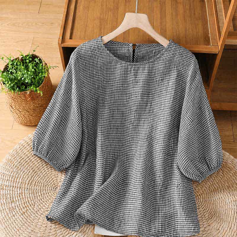 Buddha Stones T-shirt da donna a maniche corte, girocollo, casual, minimalista, a quadri, per l'estate. - Nero - US12, UK/AU16, EU44 (2XL) - image 0