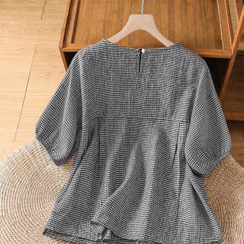 Buddha Stones T-shirt da donna a maniche corte, girocollo, casual, minimalista, a quadri, per l'estate. - image 1