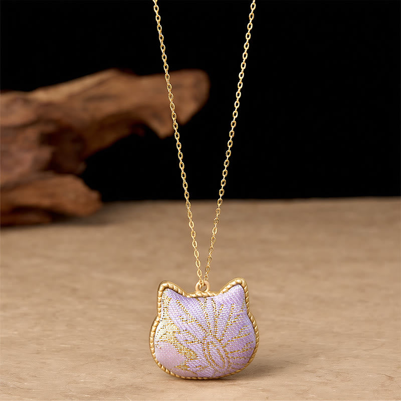 Buddha Stones Collana con ciondolo a forma di testa di gatto in broccato di stile cinese e connessione armonica in rame - image 7