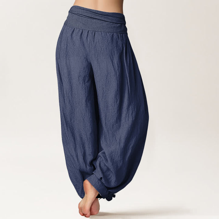Buddha Stones Pantaloni harem da donna in puro cotone bianco con motivo loto Om e vita elasticizzata. - image 2