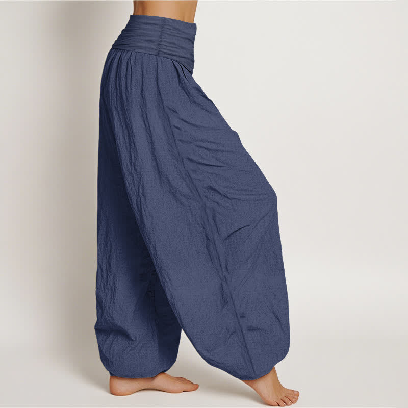Buddha Stones Pantaloni harem da donna in puro cotone bianco con motivo loto Om e vita elasticizzata. - image 1