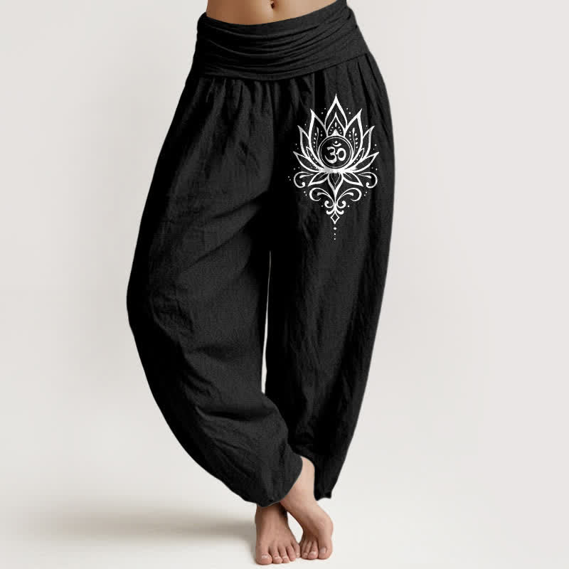 Buddha Stones Pantaloni harem da donna in puro cotone bianco con motivo loto Om e vita elasticizzata. - Nero - US16, UK/AU20, EU48 (3XL) - image 5