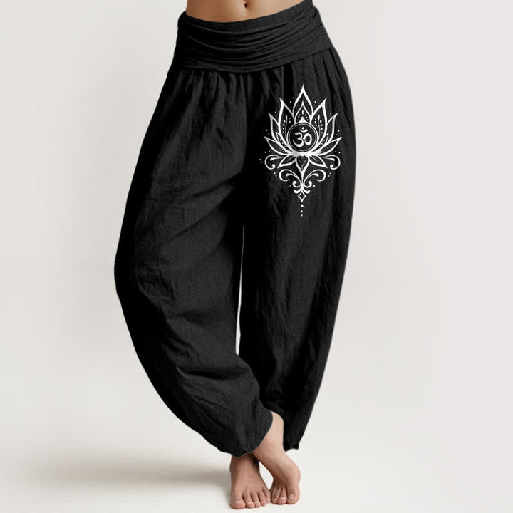 Buddha Stones Pantaloni harem da donna in puro cotone bianco con motivo loto Om e vita elasticizzata. - Nero - US16, UK/AU20, EU48 (3XL) - image 5