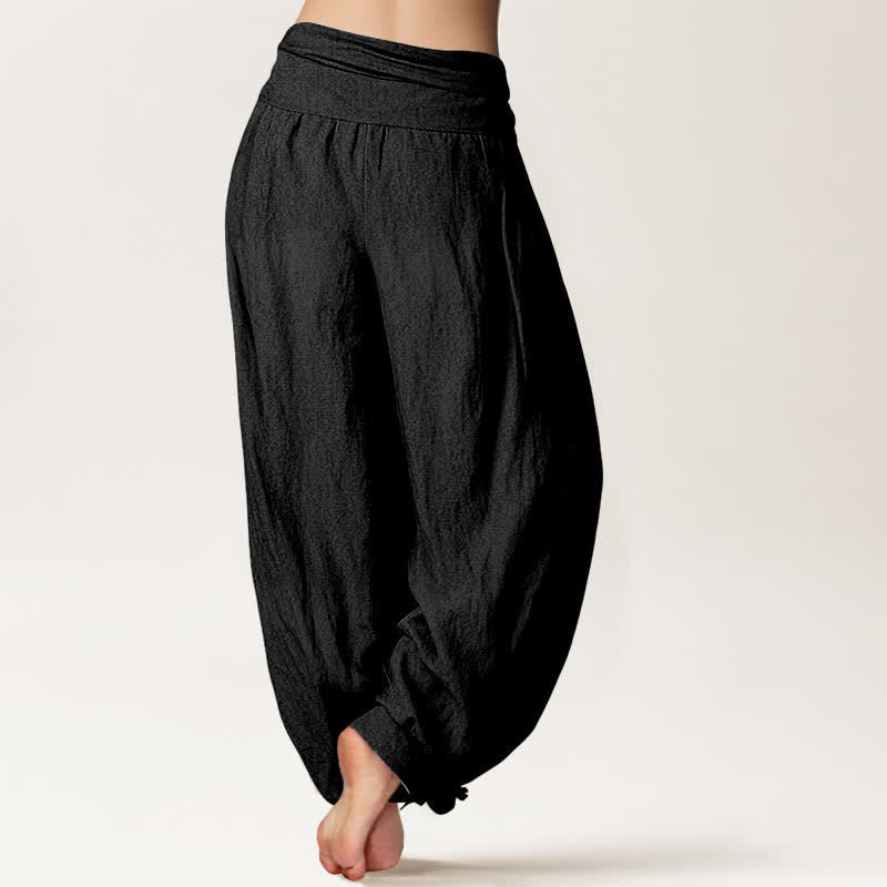 Buddha Stones Pantaloni harem da donna in puro cotone bianco con motivo loto Om e vita elasticizzata. - image 7