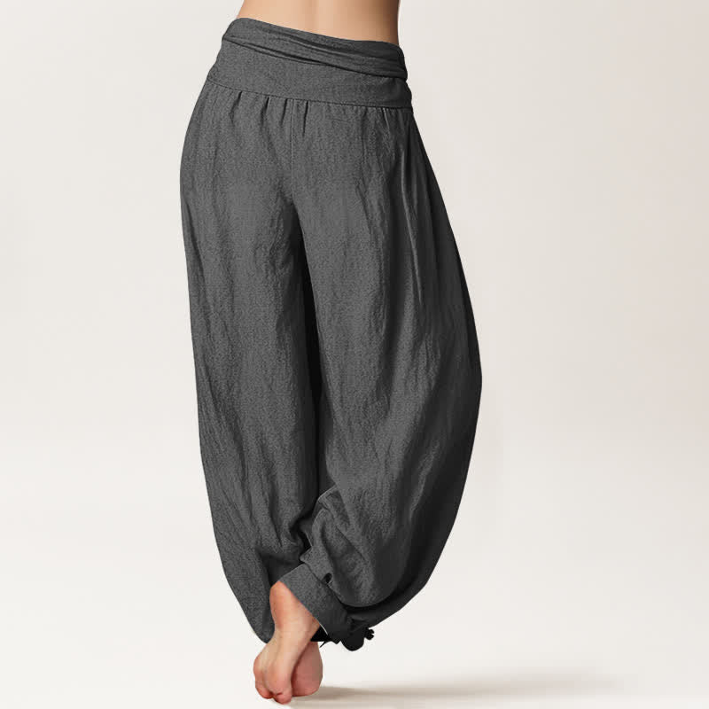 Buddha Stones Pantaloni harem da donna in puro cotone bianco con motivo loto Om e vita elasticizzata. - image 10