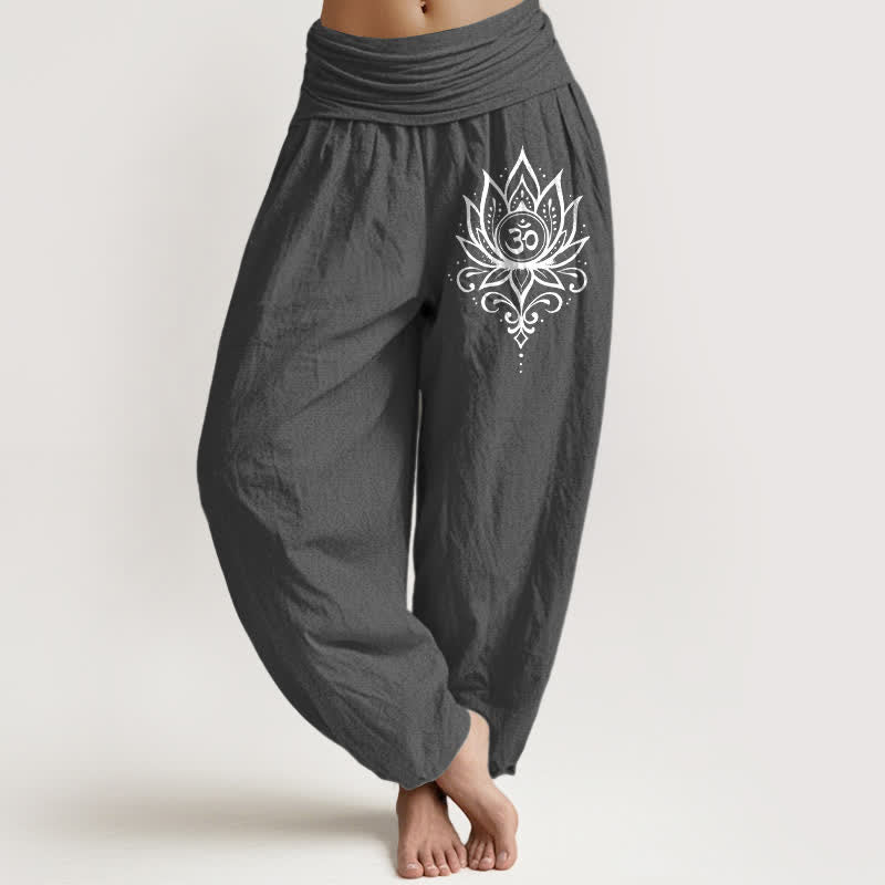 Buddha Stones Pantaloni harem da donna in puro cotone bianco con motivo loto Om e vita elasticizzata. - Grigio tenue - US16, UK/AU20, EU48 (3XL) - image 8