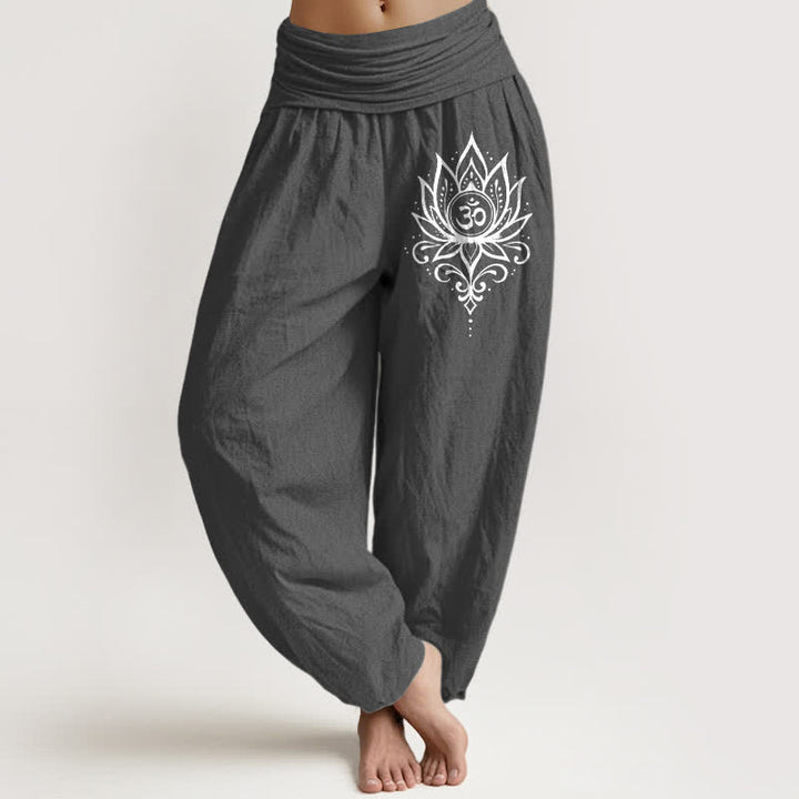Buddha Stones Pantaloni harem da donna in puro cotone bianco con motivo loto Om e vita elasticizzata. - Grigio tenue - US16, UK/AU20, EU48 (3XL) - image 8