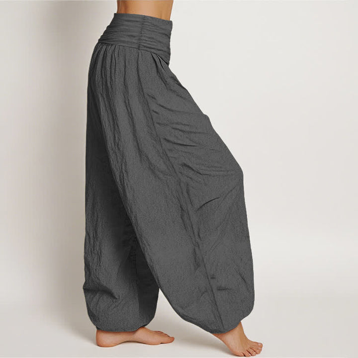 Buddha Stones Pantaloni harem da donna in puro cotone bianco con motivo loto Om e vita elasticizzata. - image 9