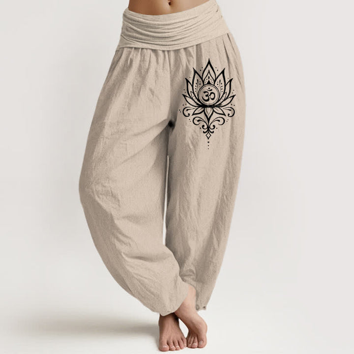 Buddha Stones Pantaloni harem da donna in puro cotone bianco con motivo loto Om e vita elasticizzata. - Tan - US16, UK/AU20, EU48 (3XL) - image 11