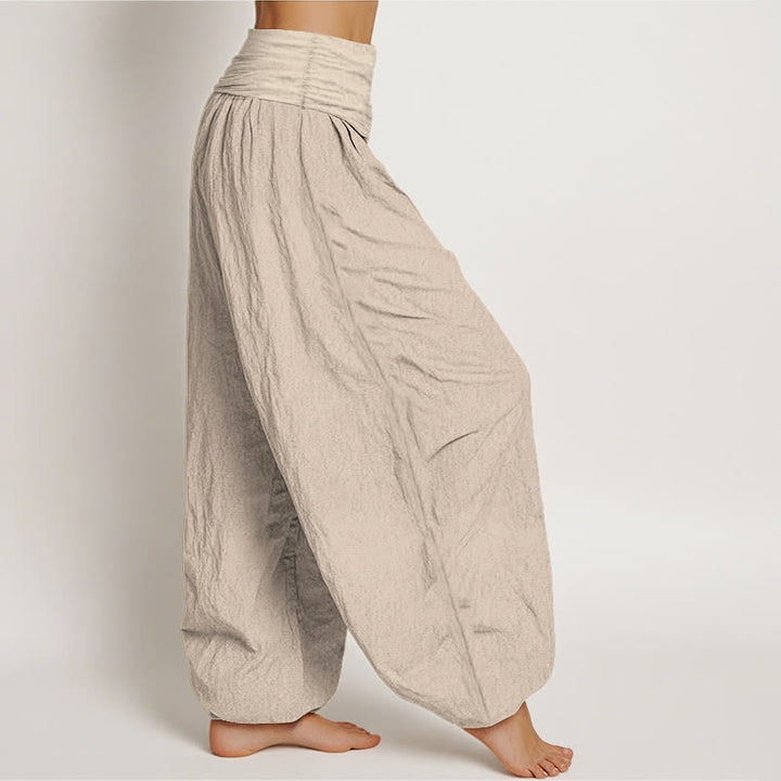 Buddha Stones Pantaloni harem da donna in puro cotone bianco con motivo loto Om e vita elasticizzata. - image 12