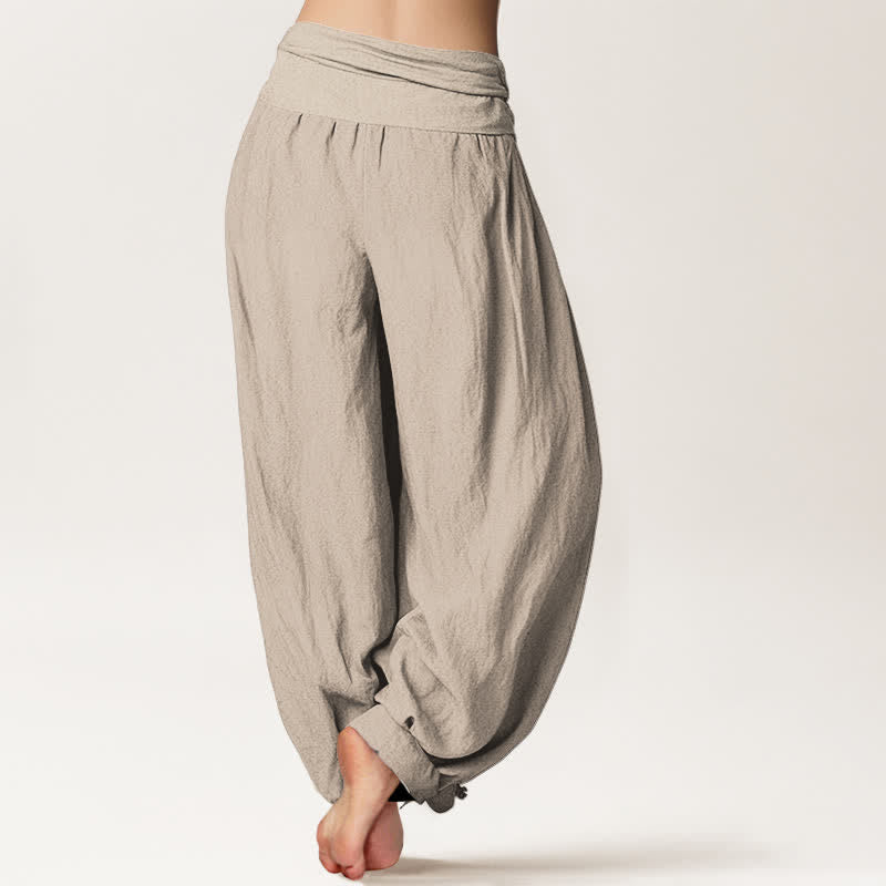 Buddha Stones Pantaloni harem da donna in puro cotone bianco con motivo loto Om e vita elasticizzata. - image 13