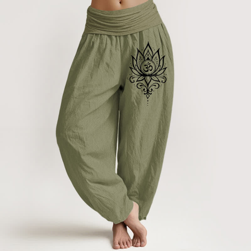 Buddha Stones Pantaloni harem da donna in puro cotone bianco con motivo loto Om e vita elasticizzata. - Verde oliva - US16, UK/AU20, EU48 (3XL) - image 14