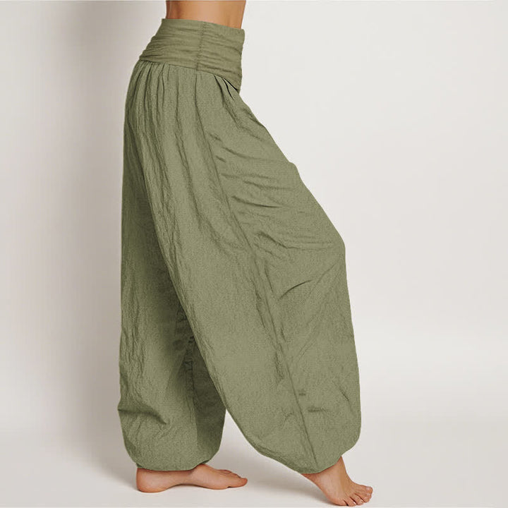 Buddha Stones Pantaloni harem da donna in puro cotone bianco con motivo loto Om e vita elasticizzata. - image 15