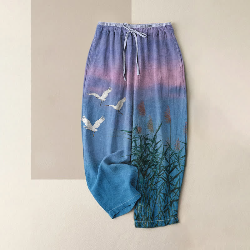 Buddha Stones Pantaloni da donna in puro cotone con motivo gru di bambù, elastico in vita e tasche. - Blu fiordaliso - US16, UK/AU20, EU48 (3XL) - image 0