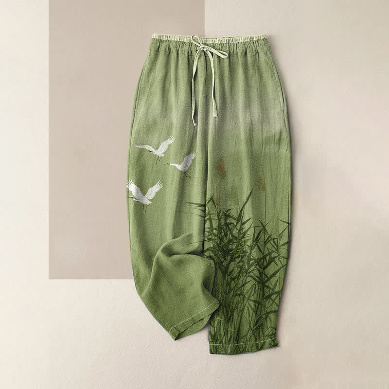 Buddha Stones Pantaloni da donna in puro cotone con motivo gru di bambù, elastico in vita e tasche. - Verde Mare Scuro - US16, UK/AU20, EU48 (3XL) - image 3