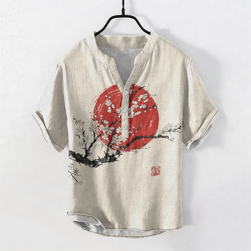 Buddha Stones Camicia da uomo a maniche corte con mezza abbottonatura, stampa a fiori di pruno e sole, in cotone e inchiostro. - Biancheria - US/UK/AU50, EU60 (5XL) - image 0