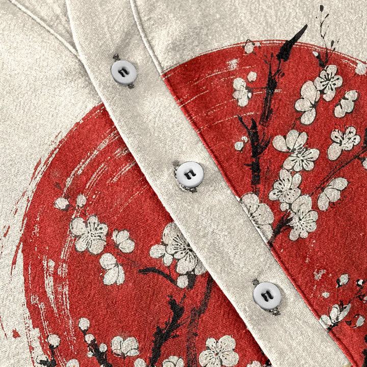 Buddha Stones Camicia da uomo a maniche corte con mezza abbottonatura, stampa a fiori di pruno e sole, in cotone e inchiostro. - image 3