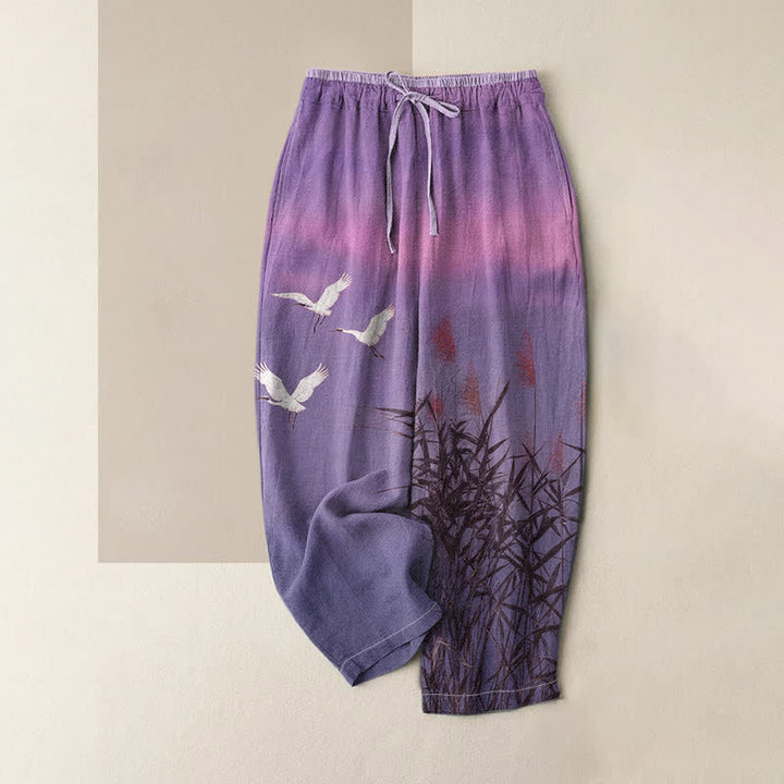 Buddha Stones Pantaloni da donna in puro cotone con motivo gru di bambù, elastico in vita e tasche. - Viola medio - US16, UK/AU20, EU48 (3XL) - image 4